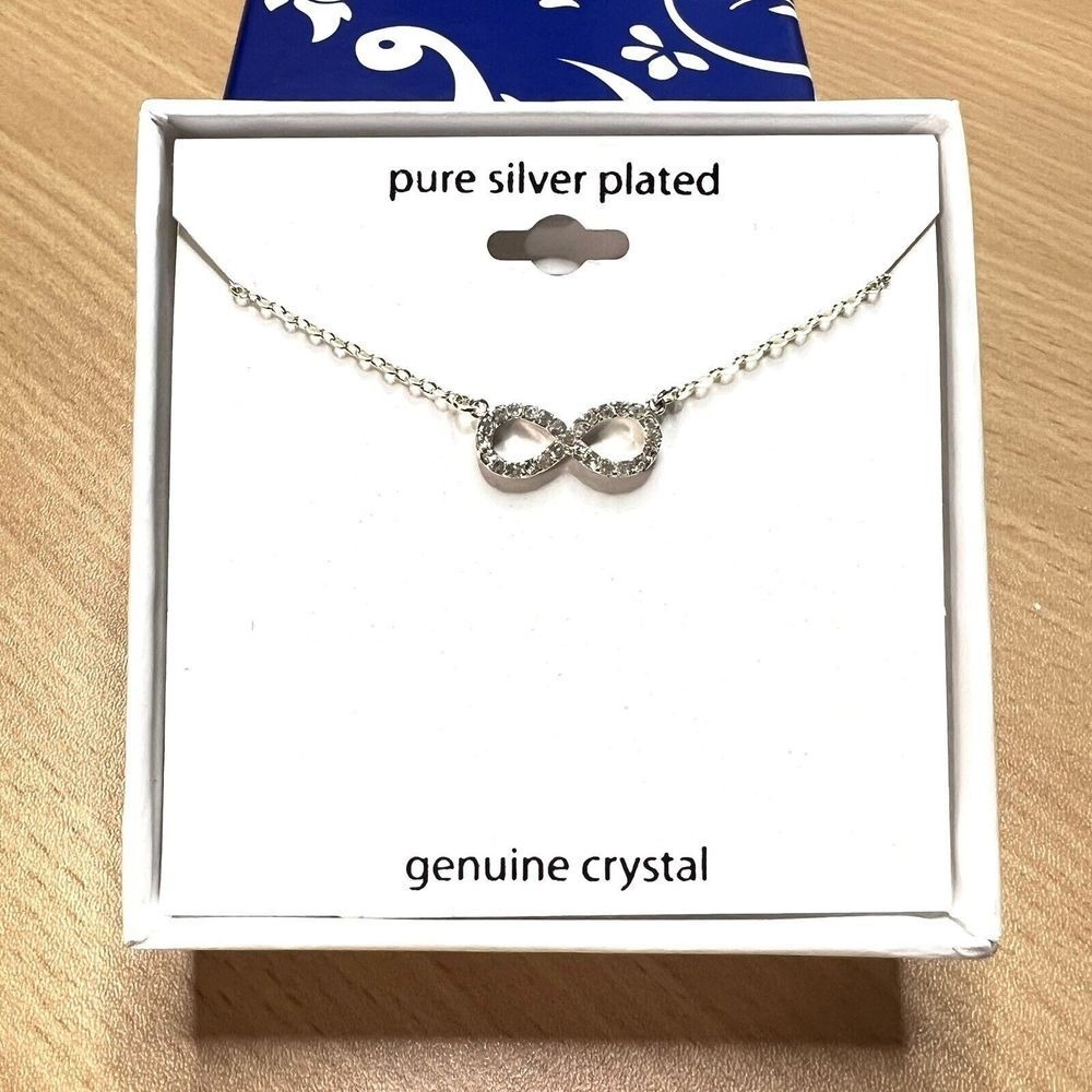 Women's Necklace‎ Pure Silver Plated / Genuine Crystal Infinity 18-inch Chain